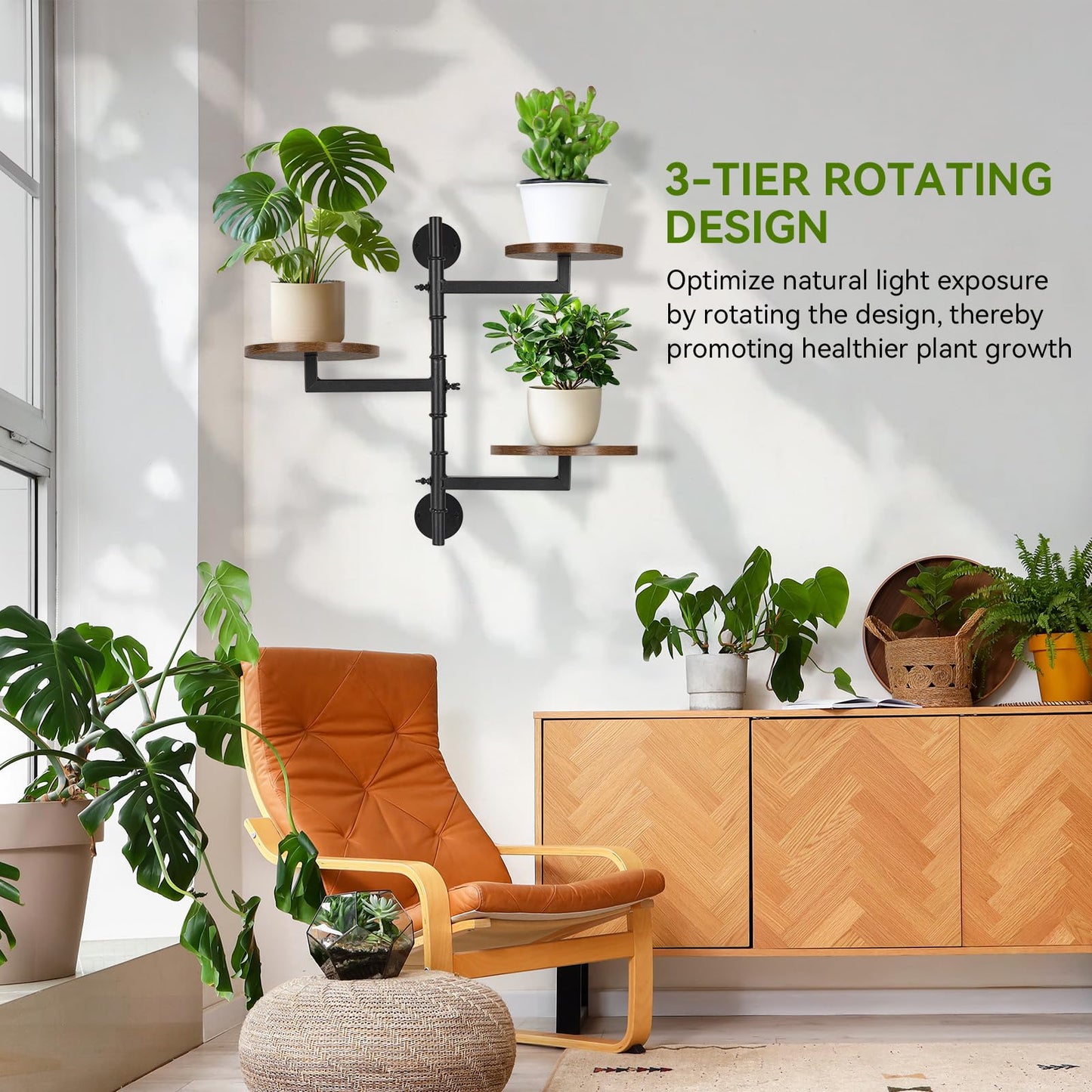 YENGOTH Wooden Rotatable Window Sill Plant Stand, 3 Tier Wall Plant Holder, 180 Degree Rotating Plant Rack, Mid-Century Wooden Style Plant Stand for Indoor and Outdoor Decoration (black)