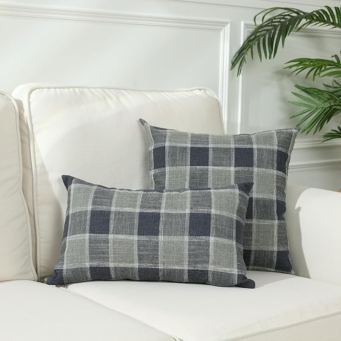 Stellhome Pack of 2 Lumbar Linen Buffalo Check Throw Pillow Covers Farmhouse