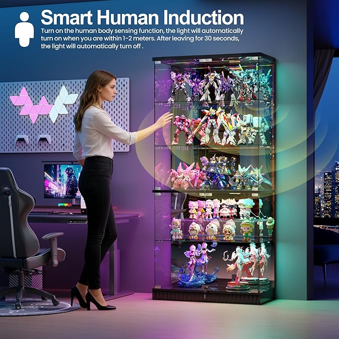 HNEBC 5 Tier Glass Display Cabinet, 66.9" Curio Cabinet