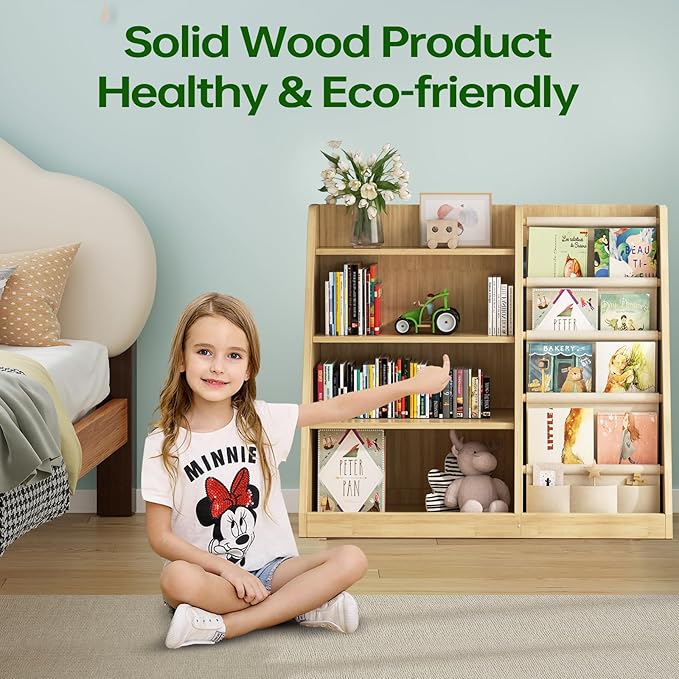 EXPERLAM Kids Bookshelf and Toy Storage Organizer, 4 Tier Wooden Kids Book Shelf