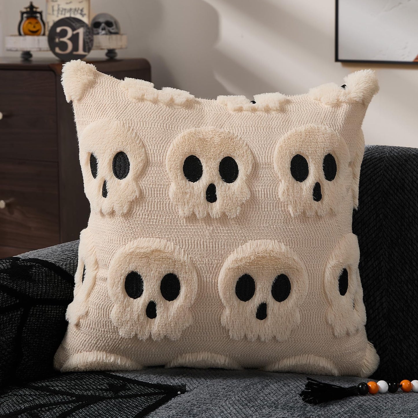 DFXSZ Halloween Pillow Covers 18x18 inch Set of 2 Beige Skeletont Halloween Decorations Soft Plush Faux Fur Wool Couch Cushion Case for Chair Sofa Bedroom Living Room Home Decor PTK04C18