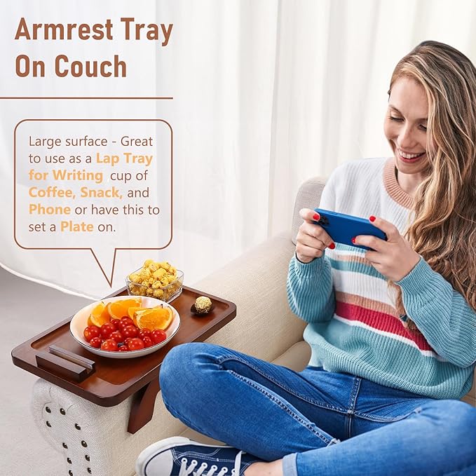 SINWANT Couch Arm Tray, Bamboo Couch Arm Table