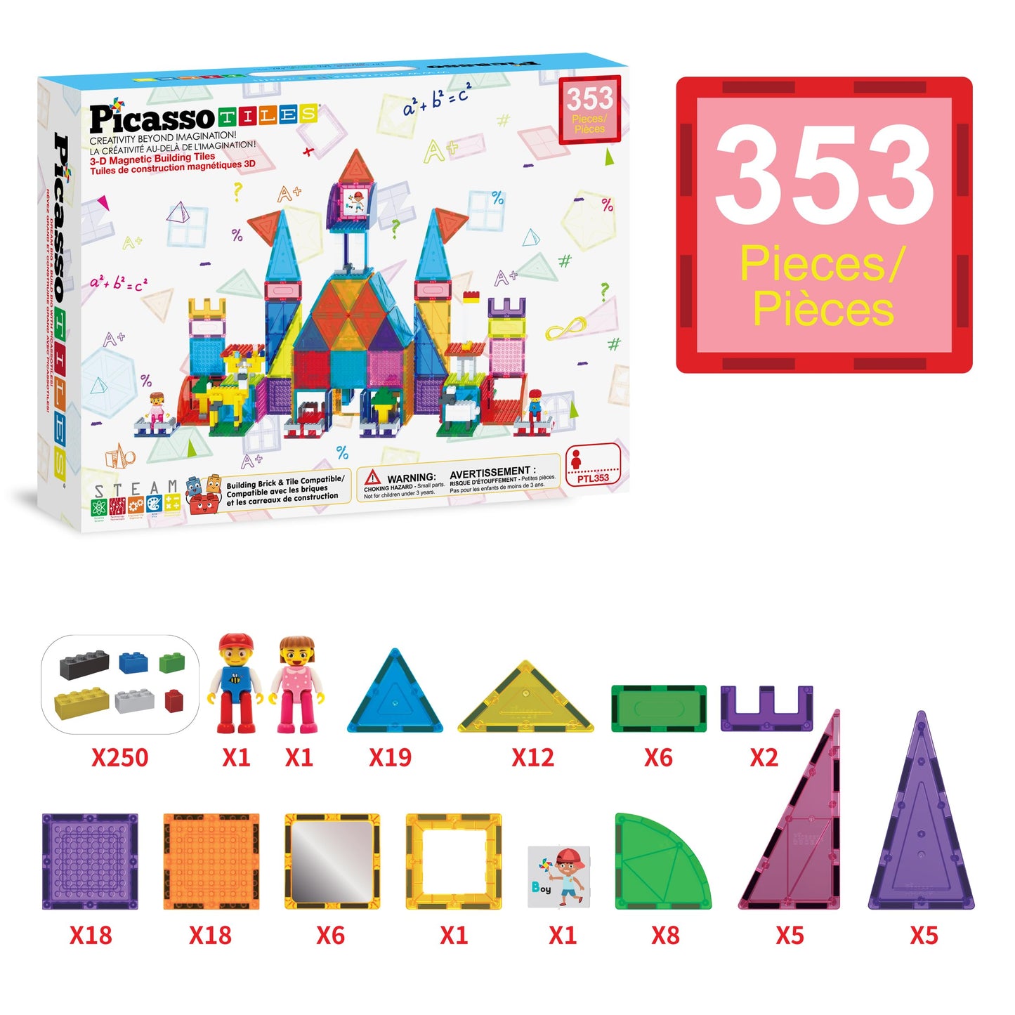 PicassoTiles 353pc Magnetic Brick and Magnet Tile Combo Set with Action Figures STEM Building Block Educational Construction Kit Preschool Classroom Toy Learning Activities for Kids Age 3 Plus PTL353