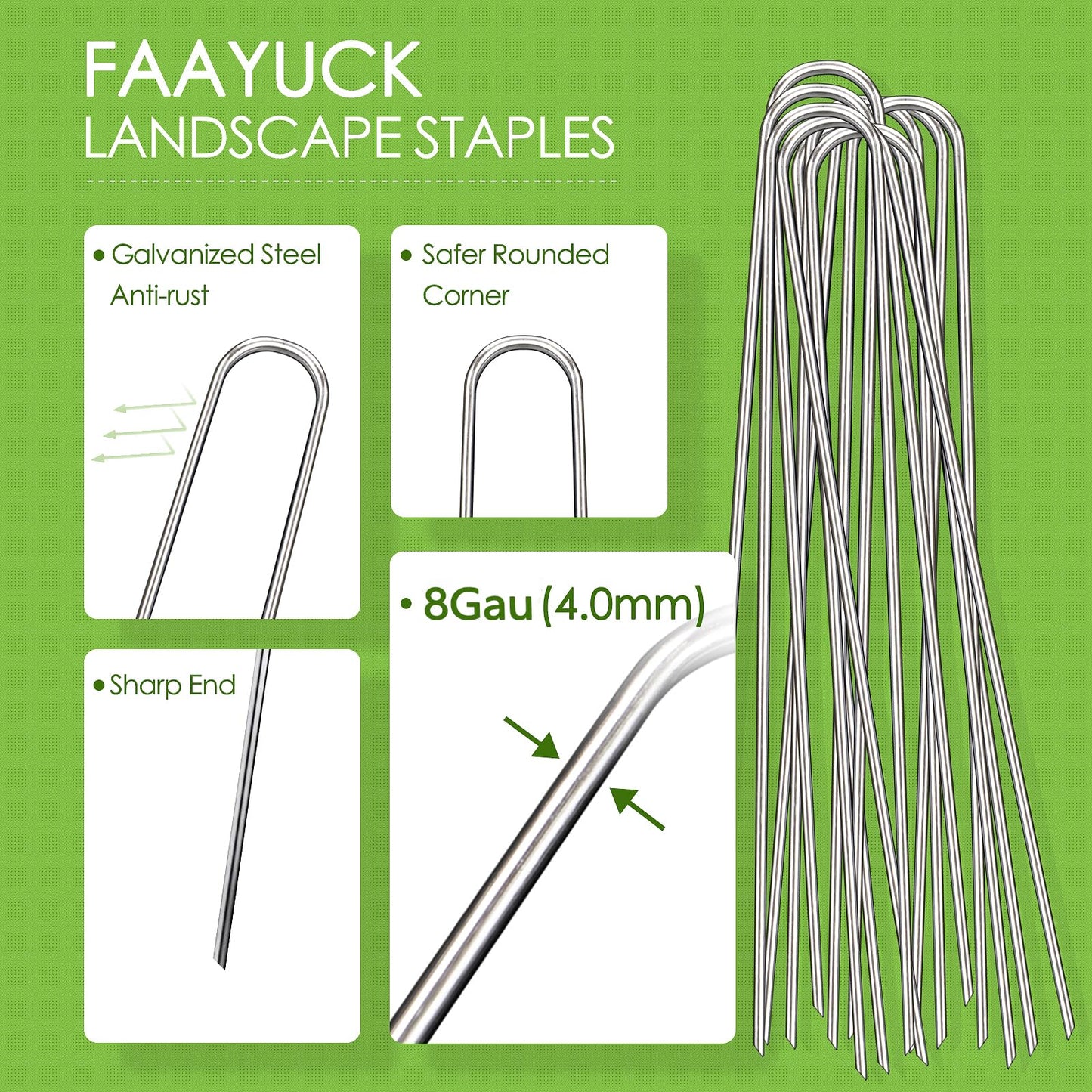 FAAYUCK 12 Inch Landscape Staples, 12/25/50/100 Pack Galvanized Garden Stakes, 8 Gauge Heavy Duty U-Shaped Ground Stakes for Weed Barrier Fabric, Irrigation Tubing, Fence, Outdoor Decorations