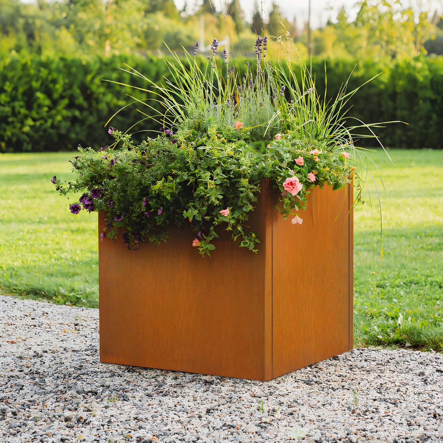 Meyoppm 24"x24"x25" Corten Steel Planter Box, Rustic Metal Planter with Drainage Holes, Rust & Weather Resistant for Patio Garden Indoor Outdoor Commercial Use