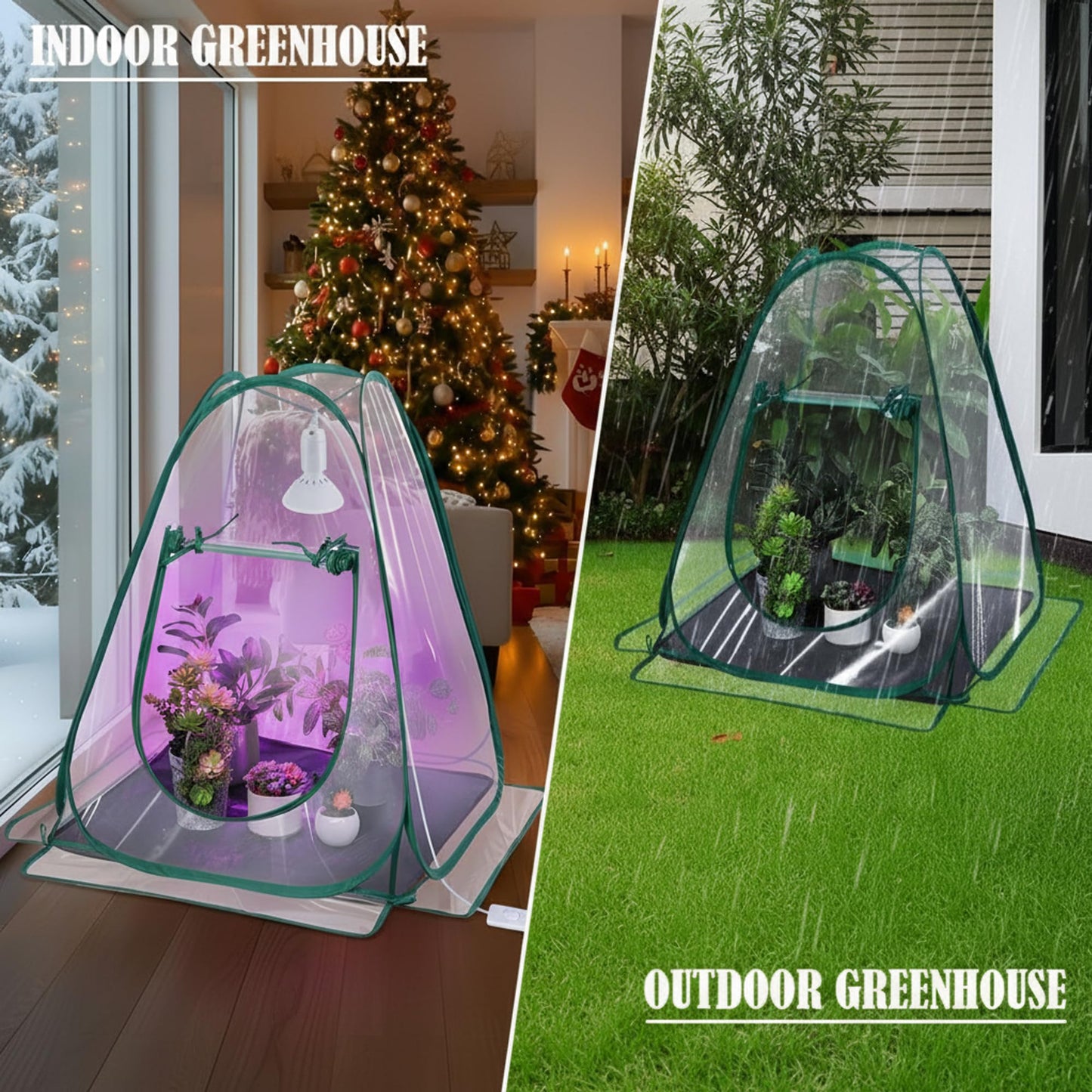 Meonum 1 Pack Mini Greenhouse with 10W 200 LED Grow Light Bulbs for Indoor, 27" x 27" x 30" Pop Up Small Greenhouse Cover with Bottom Waterproof Bottom Mat for Indoor Outdoor Plants Seed Starting