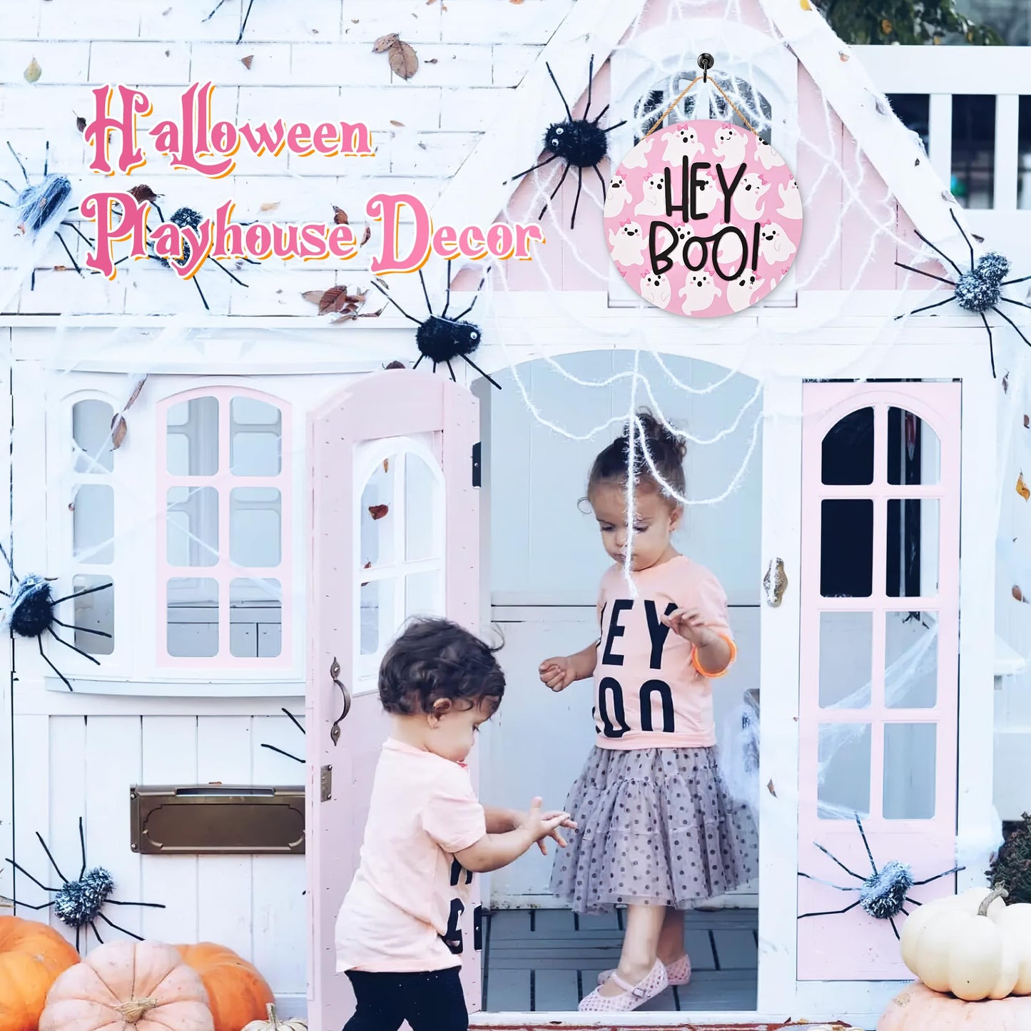 Frugtfrit Pink Halloween Hey Boo Door Decor, 3D Pink Ghost Wood Welcome Sign for Front Porch, Halloween Wreath for Little Boo Baby Shower, Playhouse