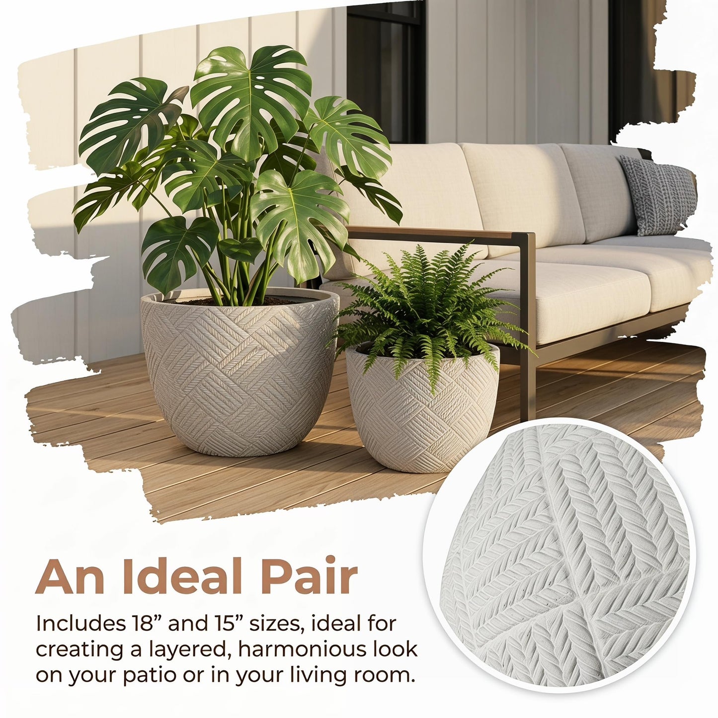 Set of 2 Large Oxide Magnesium Concrete Planters (15" & 18") - Round Grey Rustic Flower Pots with Drainage Holes, Handcrafted Outdoor Indoor Plant Containers for Patio, Front Porch, Garden Decor