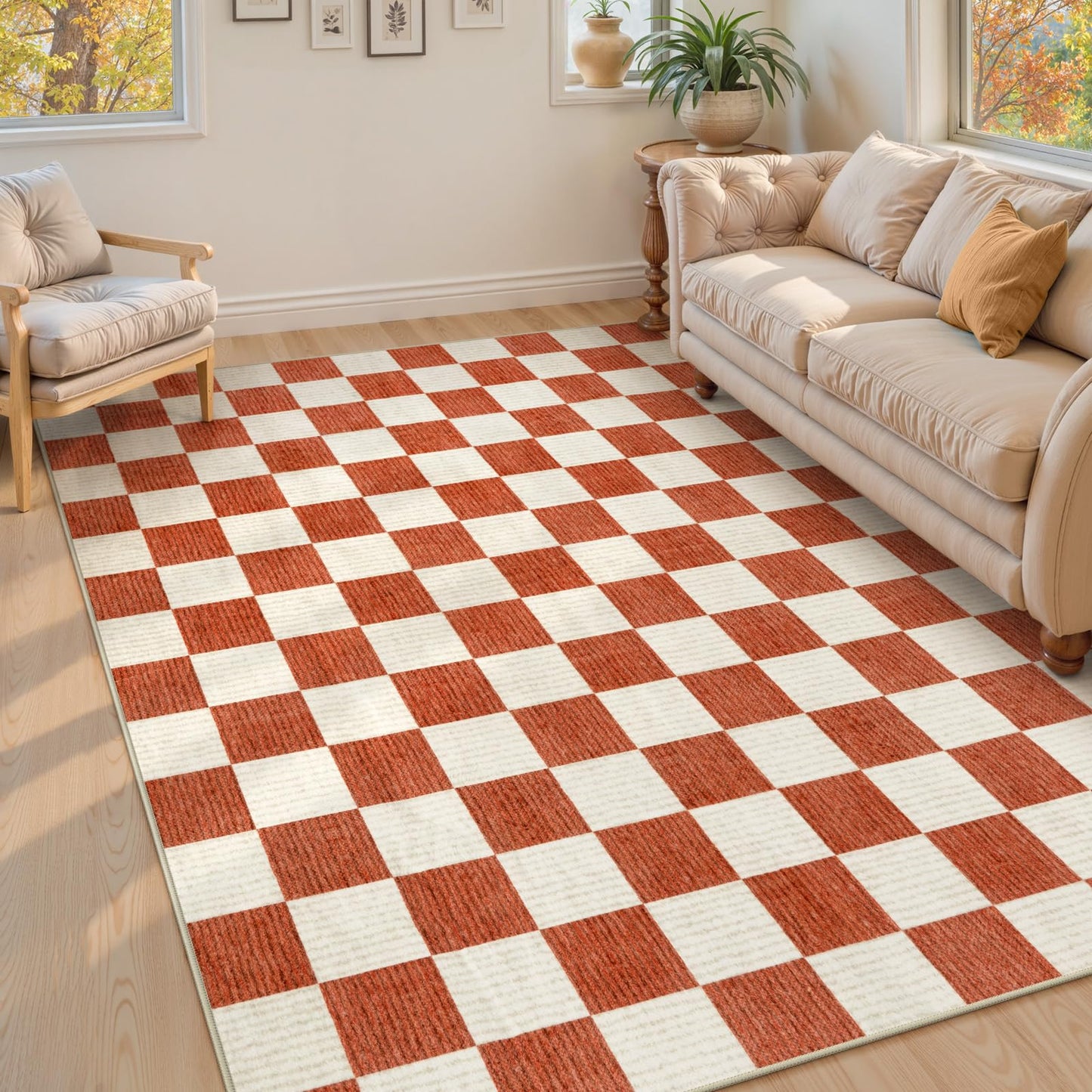 Machine Washable 5x7 Area Rugs for Living Room Checkered, Non Slip Soft Low Pile Farmhouse Halloween Modern Neutral Playroom Boys Rugs for Bedroom, Large Carpet Rugs for Dining Room(Orange,5'x7')