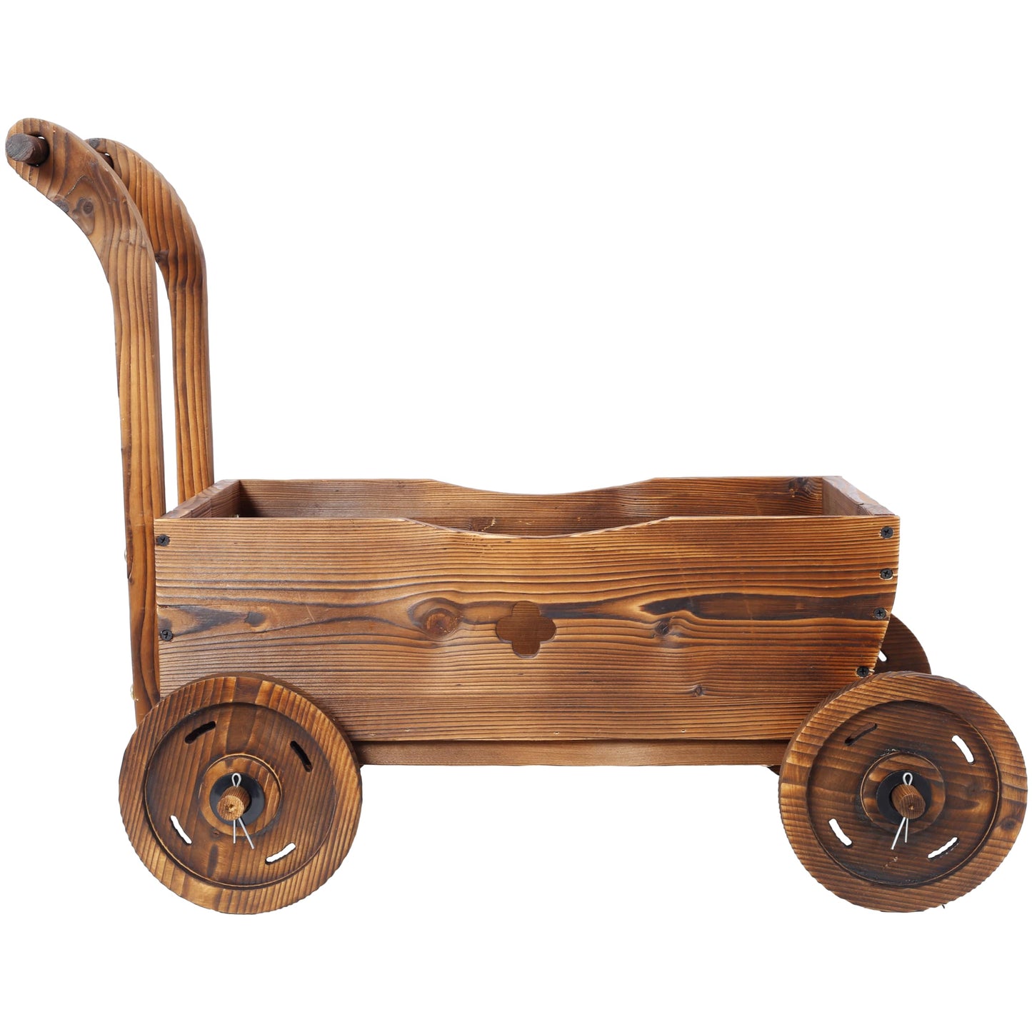 VRAXO Wooden Wagon Planter Box, Mobile Garden Planter with 4 Wheels, Handle, Drain Hole, Decorative Flower Planter for Indoor & Outdoor Decor, Wooden Flower Cart for Patio, Garden, Balcony, Brown