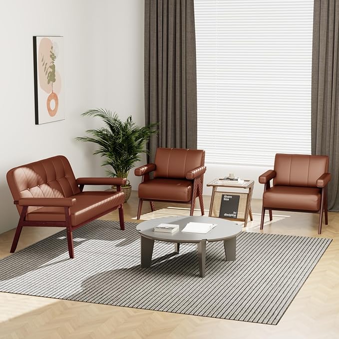 STHOUYN Brown Leather Accent Chairs Set of 2, Mid Century Modern Chair Set of 2