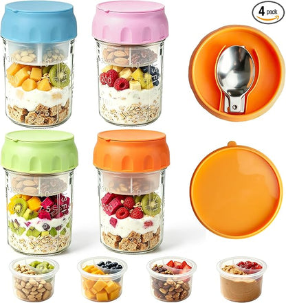 16oz Overnight Oats Containers with Lids & Folding Spoons, 4 Pack Glass Meal Prep Jars with Divided Compartments, Leakproof Airtight Mason Jars for Oatmeal Yogurt Parfait Fruit Snack