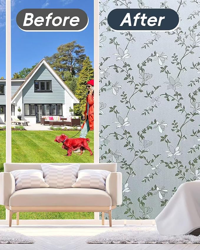 Frosted Glass Window Film with Elegant Flower Design, Bathroom Window Privacy Film for Glass Windows Cover, Static Cling, Removable, Reusable, Anti-UV, Anti-Glare, 29.5 Inch * 157.4 Inch