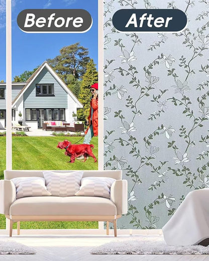 Frosted Glass Window Film with Elegant Flower Design, Bathroom Window Privacy Film for Glass Windows Cover, Static Cling, Removable, Reusable, Anti-UV, Anti-Glare, 23.6 Inch * 78.74 Inch