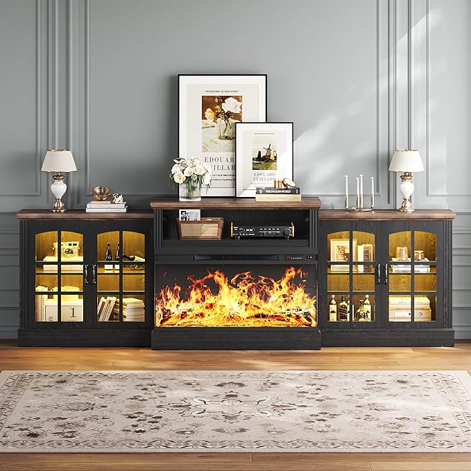 97" Fireplace TV Stand with 36" Electric Fireplace, Farmhouse Entertainment