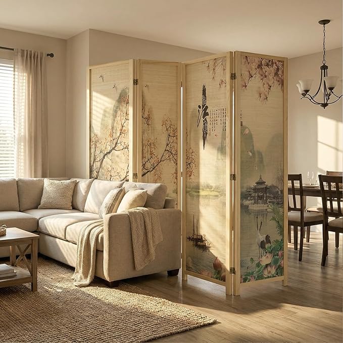 MyGift 4-Panel Folding Bamboo Room Divider Asian-Inspired Cherry Blossom Scene