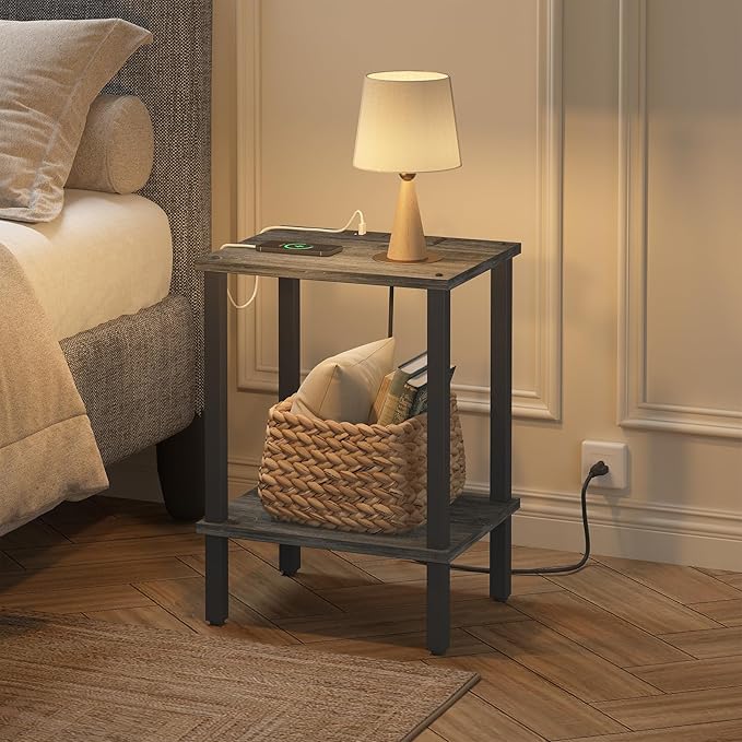 TUTOTAK End Table with Charging Station, Small Side Table, Nightstand Bedside
