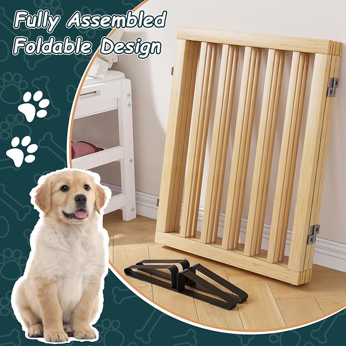 Semiocthome Bamboo Freestanding Dog Gates for Doorways, 3-Panel Indoor Puppy Gates for The House with 2 Metal Stands, 24"(H) Folding Pet Gate for Stairs Expands Up to 55"(W) No Installation Resquired