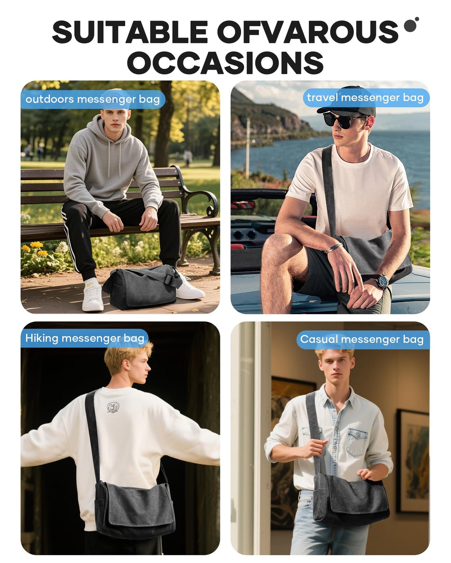 VENATIN Vintage Canvas Messenger Bag for Men & Women, Large Crossbody Shoulder Bag Leisure Shoulder Sling Bags Handbag for Travel, Business Bookbag Fits 15.6 inch Laptop, Black
