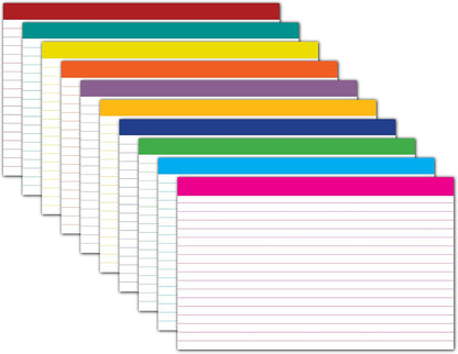 DEBRADALE DESIGNS - Color Bar Ruled Single Sided Index Cards - 5 x 8 Inches - White - 500 (50 each of 10 colors) - Wrapped in 2 packages of 250 - Standard 110# Index Card Stock - 199 GSM - .009 Thick