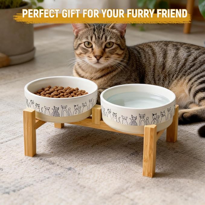 Elevated Ceramic Cat Bowls with Wooden Stand，6.1inch Raised Cat Bowls with Cute Pattern for Small and Medium Breed Dogs,2 Pack Cats Food and Water Bowl Set,Weighted Pet Dishes Dishwasher Safe