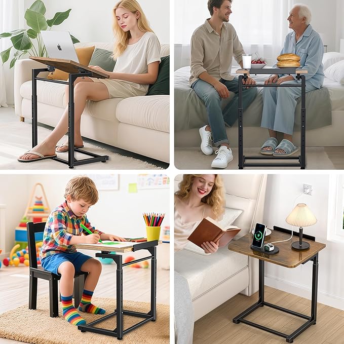 Tv Tray Table Set of 2, 8-Level Adjustable Height Couch Side Table，90° Tilt