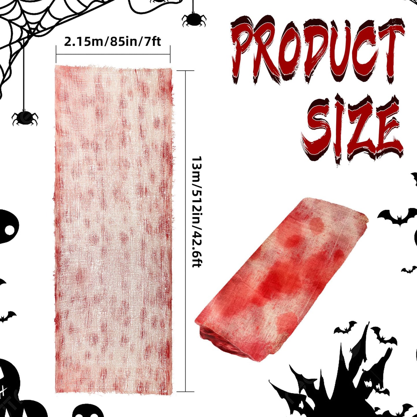512" x 85" Halloween Blood Creepy Cloth Decoration - Large Bloody Spooky Fabric Gauze -Halloween Scary Gauze Blood Creepy Cloth for Haunted House Halloween Party Yard Wall Doorway Outdoors Decoration
