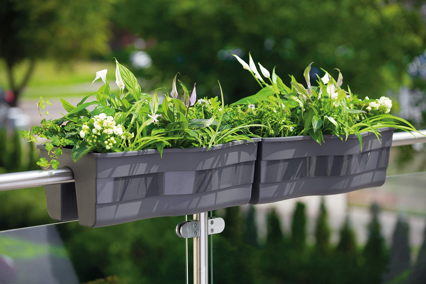 Ridge Rail Long Rectangular Flower Pot, Indoor/Outdoor Hanging Rail Planter Lightweight & Weatherproof Flower Box - Balcony Planters for Railing and Fence Patio, Deck 2 Pack (Grey)