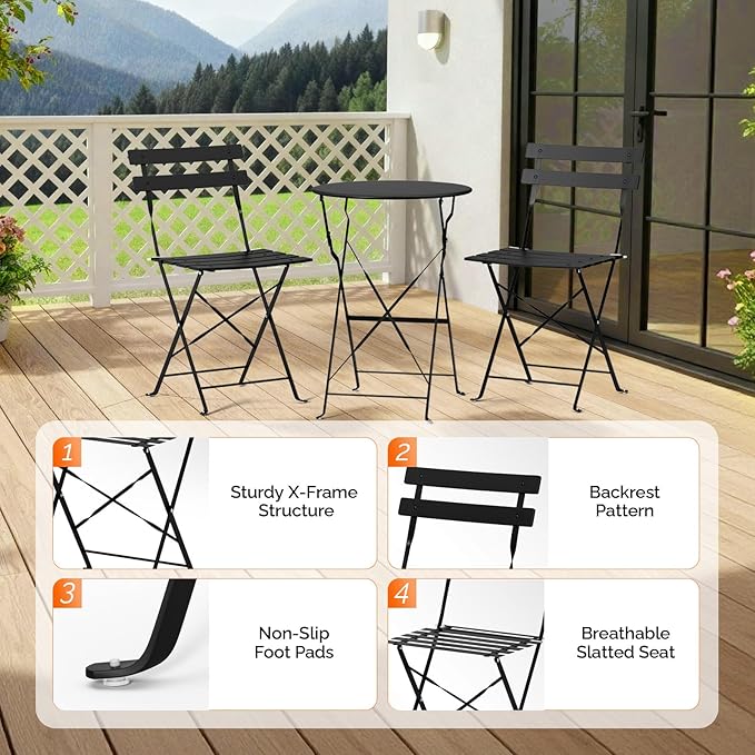VINGLI Outdoor Folding Bistro Table and Chairs Set of 2, 3-Piece Bistro Set