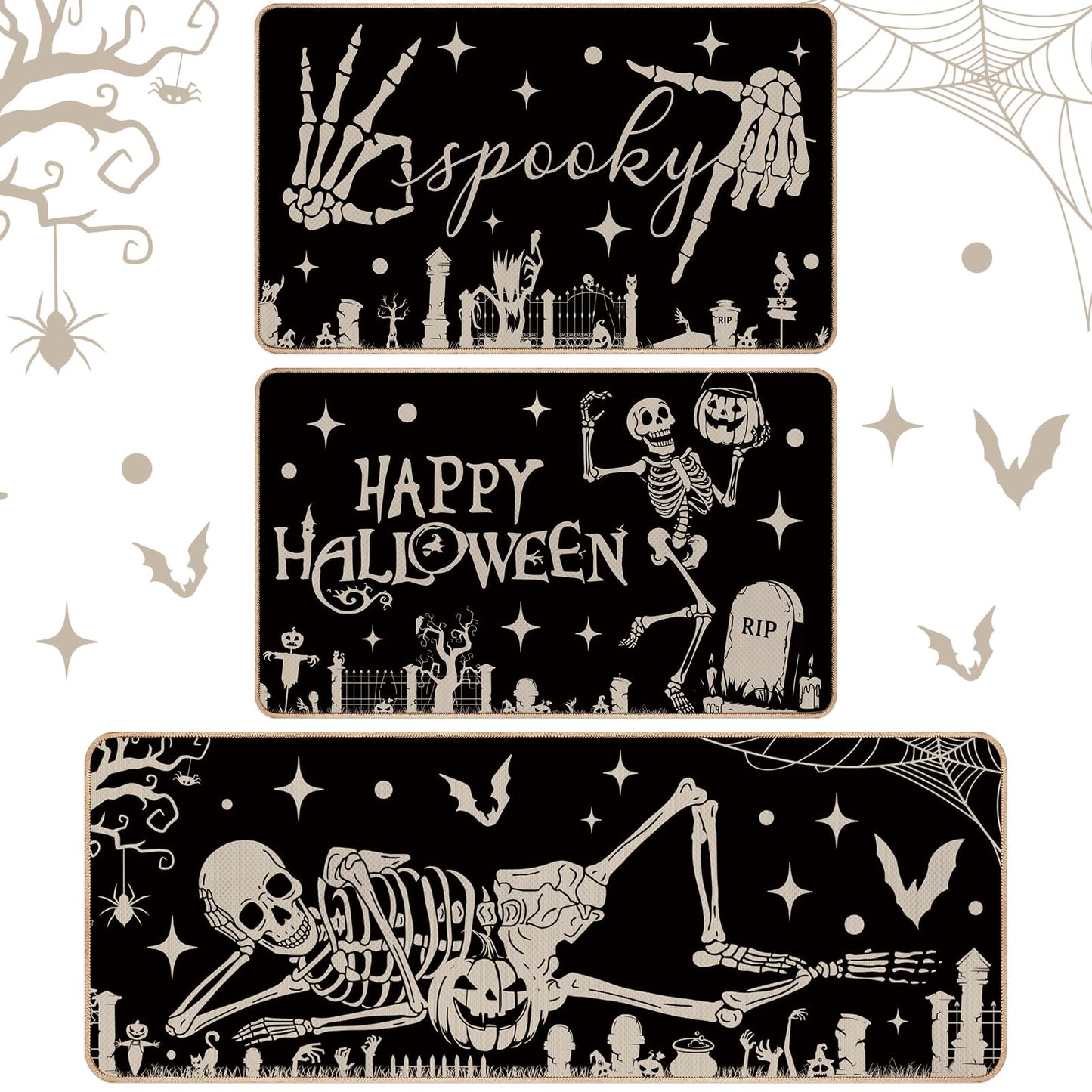 Drydiet 3 Pcs Halloween Kitchen Mats and Rugs Sets Spooky Skeleton Kitchen Floor Door Mat Non Slip Washable Gothic Runner Rug Halloween Decorations for Home Laundry Room Sink Holiday Party Decor