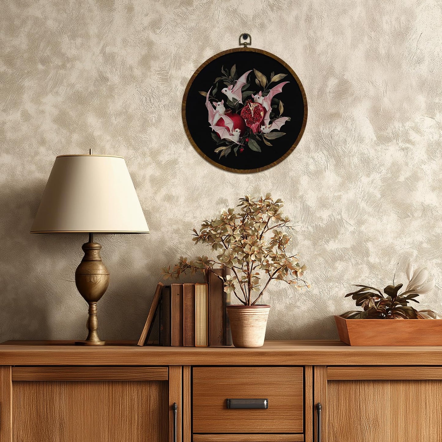 Pink Bat and Pomegranate Round Wall Art Decor,10x10 Inch Gothic Whimsical Canvas Print whit Round Frame, Cute Bat Artwork Wall Hanging Decor for Bedroom, Living Room, or Halloween Home (Pink-Bats)