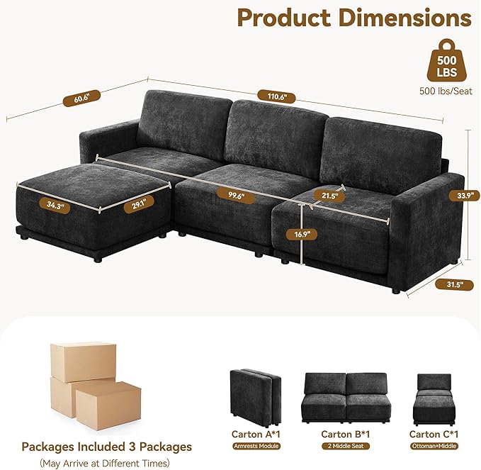 110.6" L Shaped Sectional Sofa, Modular Cloud Deep Seat Couch