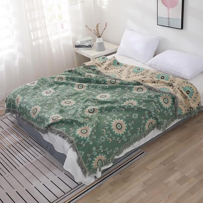 Boho Throw Blanket for Bed 100% Cotton Ultra Soft Rustic Quilt Summer Blanket