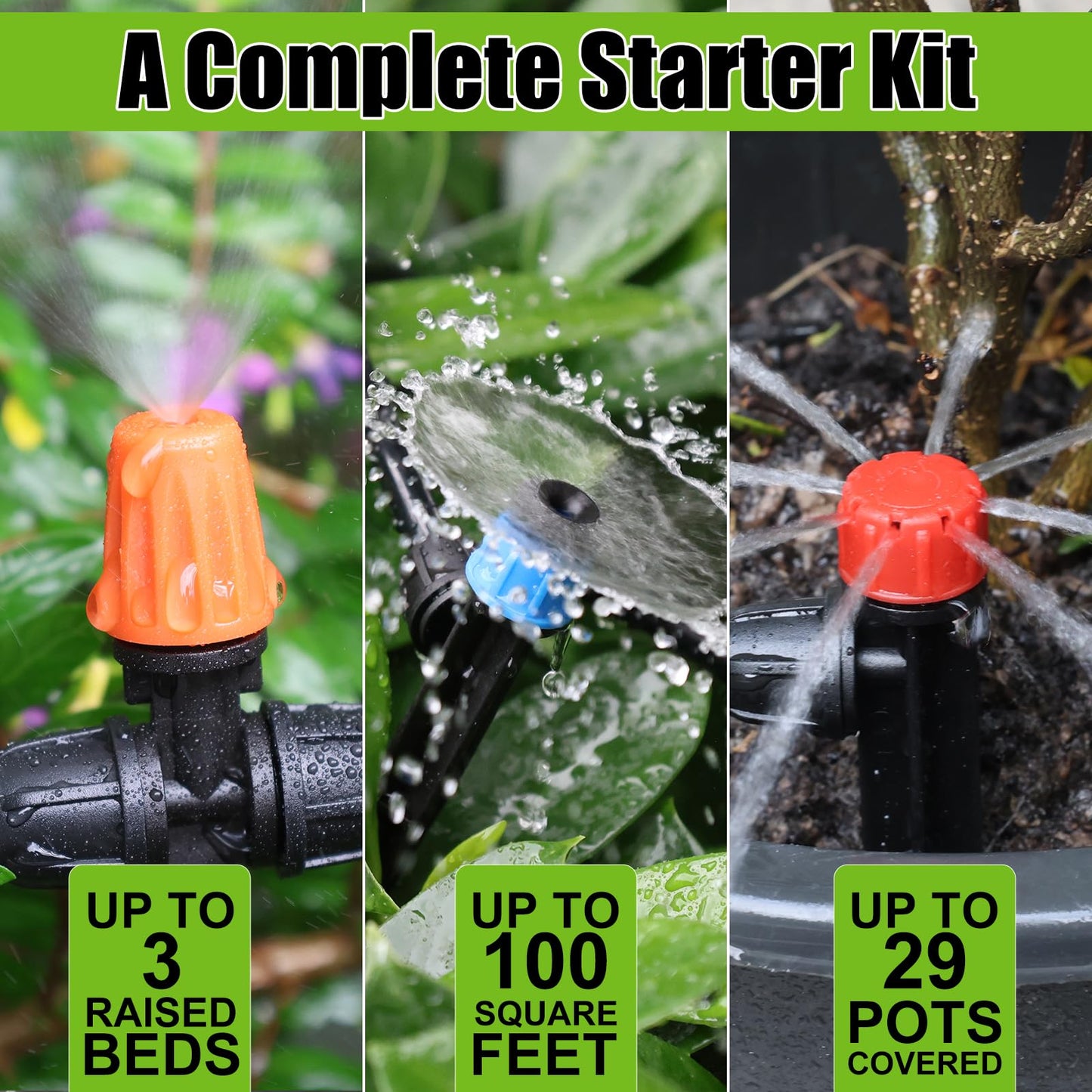 100FT Drip Irrigation System Kit, Automatic Watering System with 30 Adjustable Nozzles & 30M 1/4" Tubing – DIY Solution for Gardens, Greenhouses, Patios & Lawn – Effortless Plant Care + Water-Saving