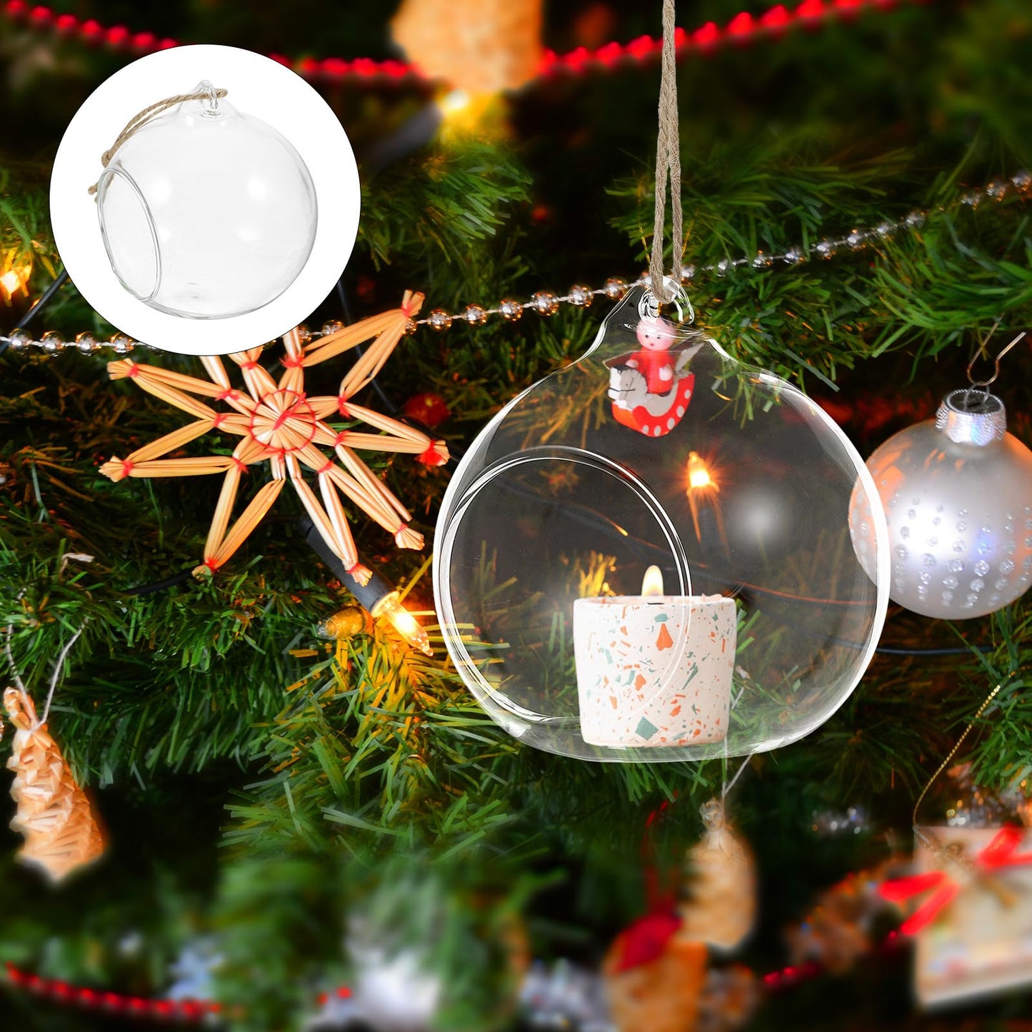 VICASKY 5pcs Hanging Glass Tealight Holders Sphere Ball Candle Holders with 8cm Opening and 1.2m Jute Rope for Indoor Home Décor and Plant Terrariums