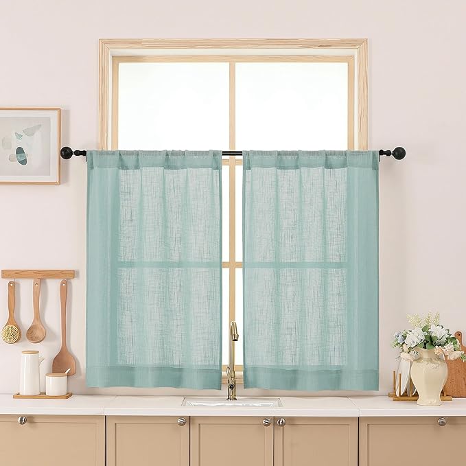 Chyhomenyc Aqua Green Semi Sheer Curtains 36 Inch Length, Light Filtering Faux