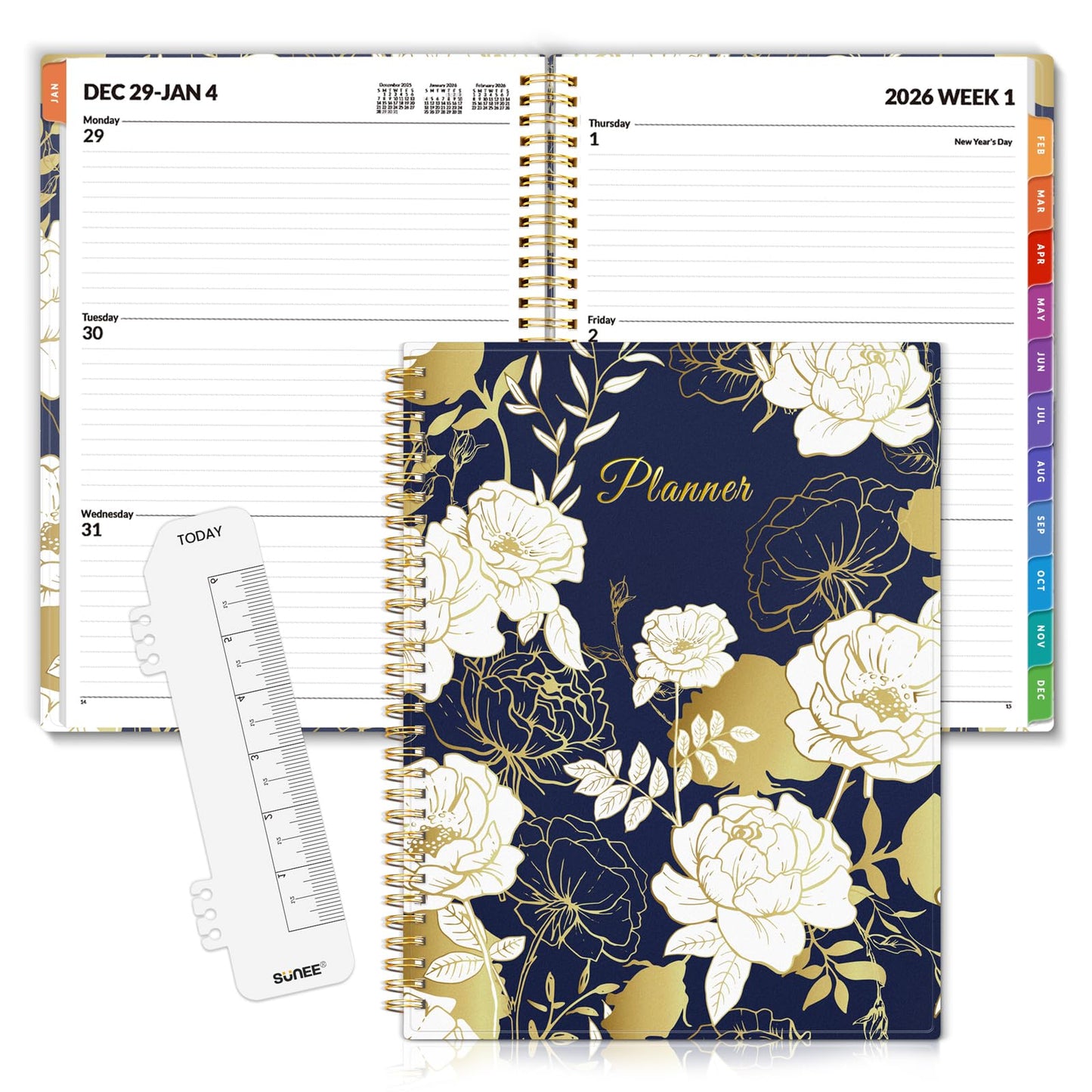 SUNEE 2026 Weekly and Monthly Planner - from January 2026 - December 2026, Daily Agenda Planner with Monthly Tab, Flexible Cover, Note Pages, Pockets, Bookmark, Spiral Binding, Vintage Floral, 8.5"x11"