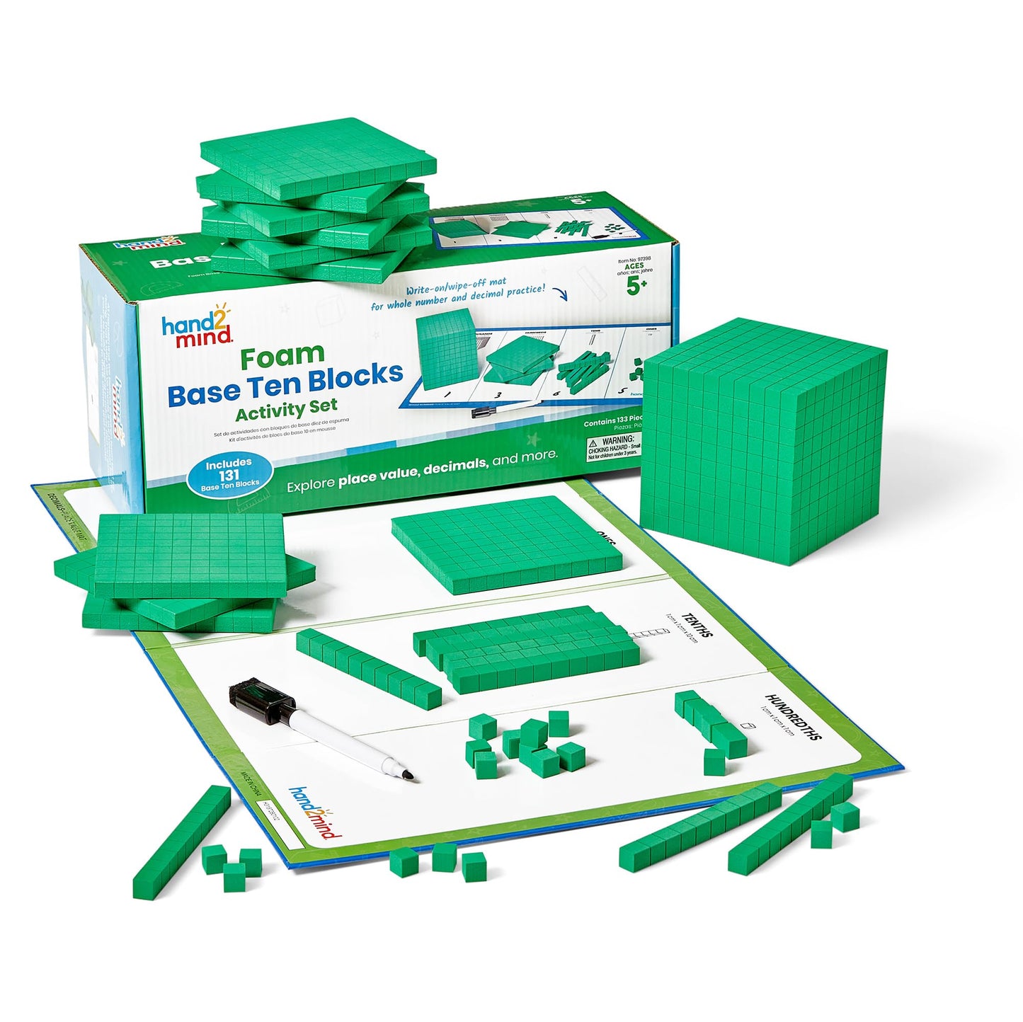 hand2mind Foam Base Ten Blocks Activity Set, Place Value Manipulatives, Base 10 Blocks for Math, Counting Cubes, Math Manipulatives 1st Grade, Small Group Classroom Must Haves (133 Pieces)