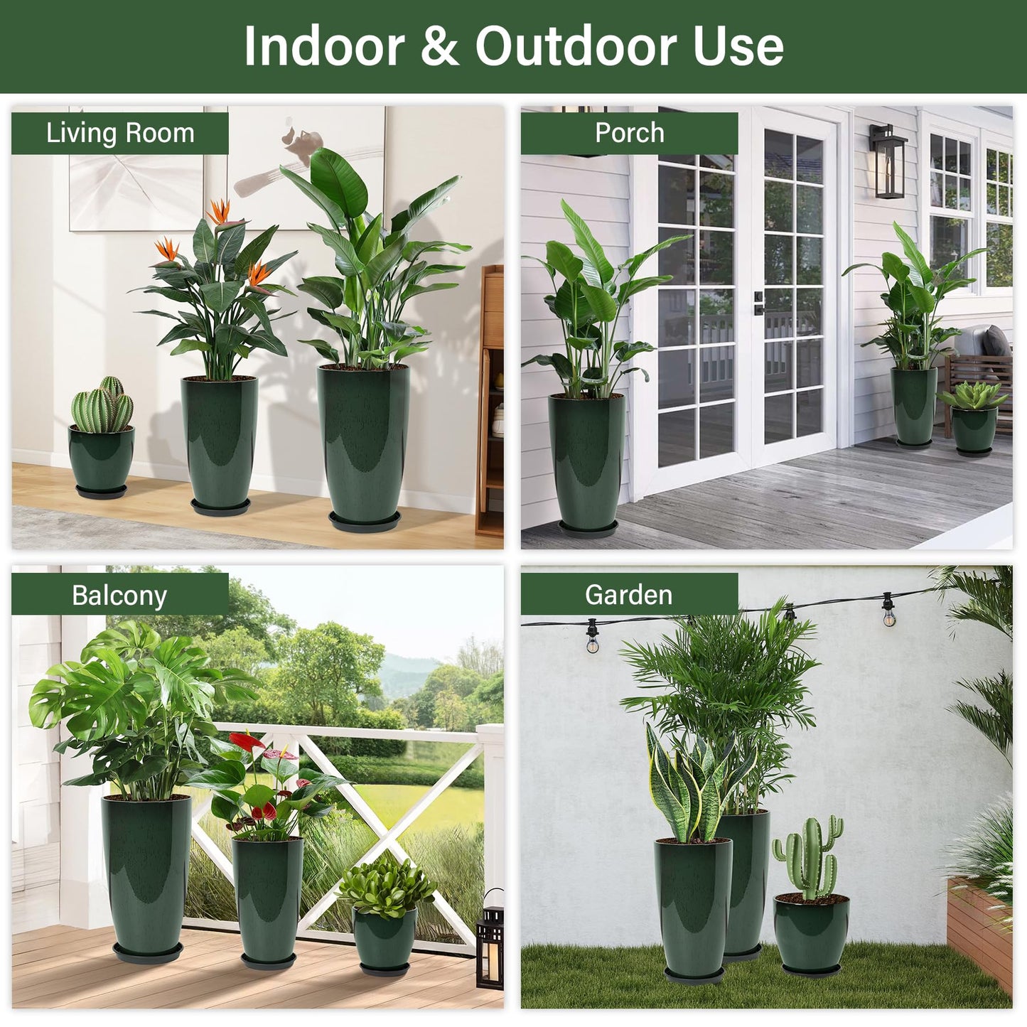 Neoaider 24/21/12 Inch Large Plastic Planter, Lightweight Ceramic-Look Tall Planters with Drain Hole & Saucers, Tall Plastic Planters for Porch, Garden, Patio, Balcony(Dark Green)