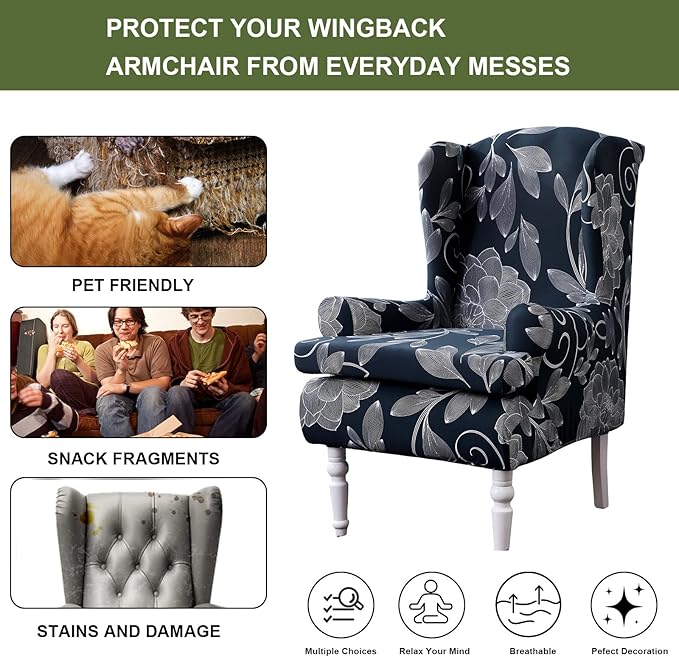 HAOYONG Wing Chair Slipcovers Printed Wingback Chair Covers 2 Pieces Wingback