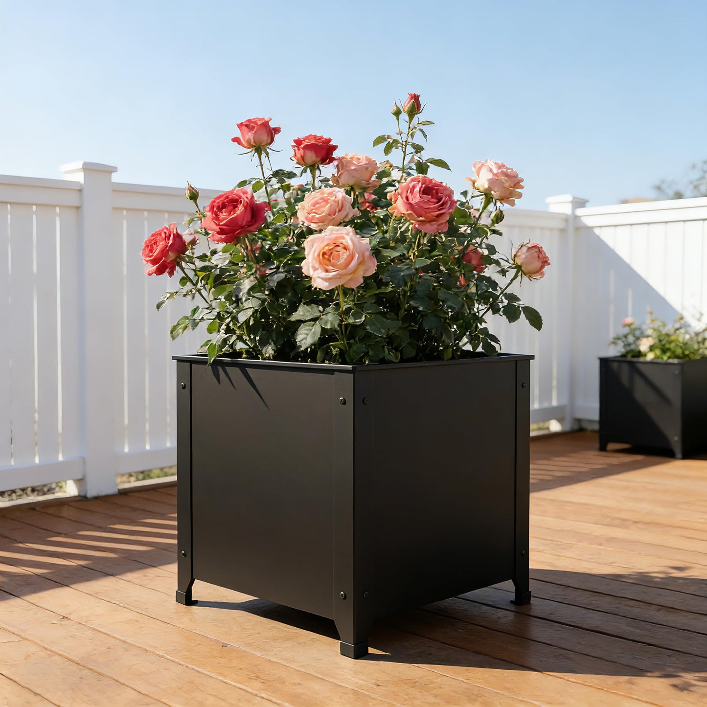 SCENDOR Black Metal Garden Planter Box – 16.5" x 16.5" x 17.9" Heavy Duty with Drainage Holes for Outside Indoor Patio Deck Decorative Raised Plant Container for Flowers, Vegetables, and Succulents