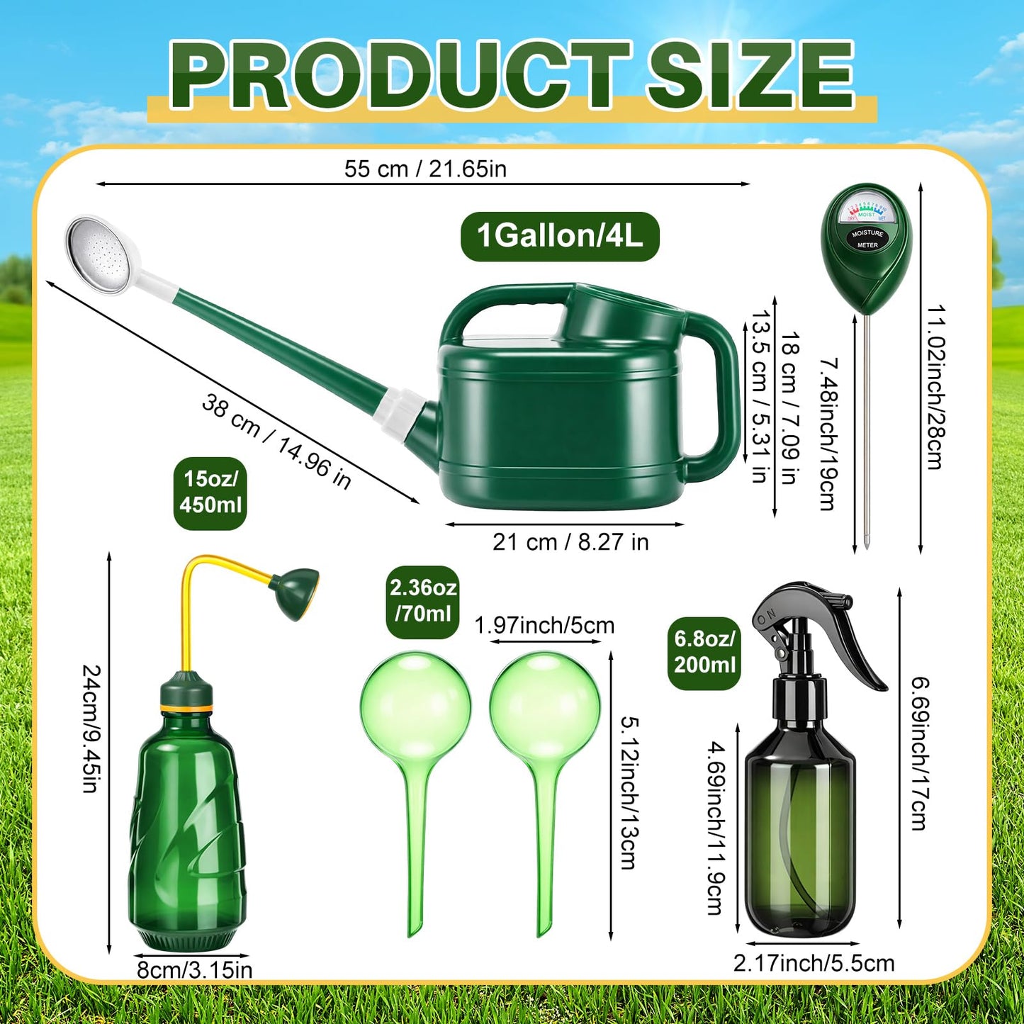 Reallnaive 6-piece Indoor Watering Can Set – 1 Gal Can, 6.8 oz Spray, 15 oz Squeeze, Plant Watering Globes & Soil Moisture Meter, Indoor & Outdoor Plant Care(Army Green)