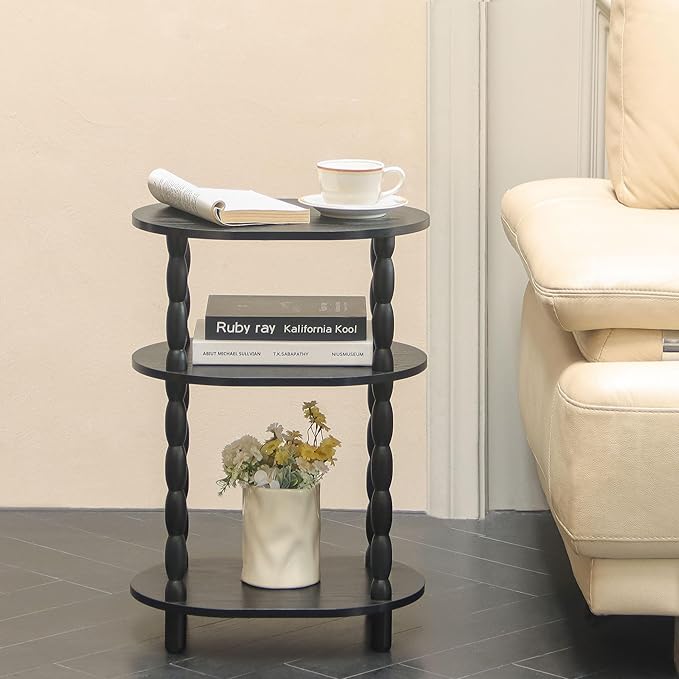 MaxSmeo Black Side Table, 3-Tier Small Oval End Table, Modern Night Stand Wood