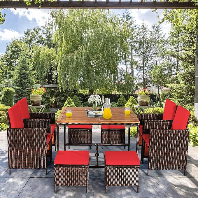 Tangkula 9 Pieces Acacia Wood Patio Dining Set, Space Saving Wicker Chairs and