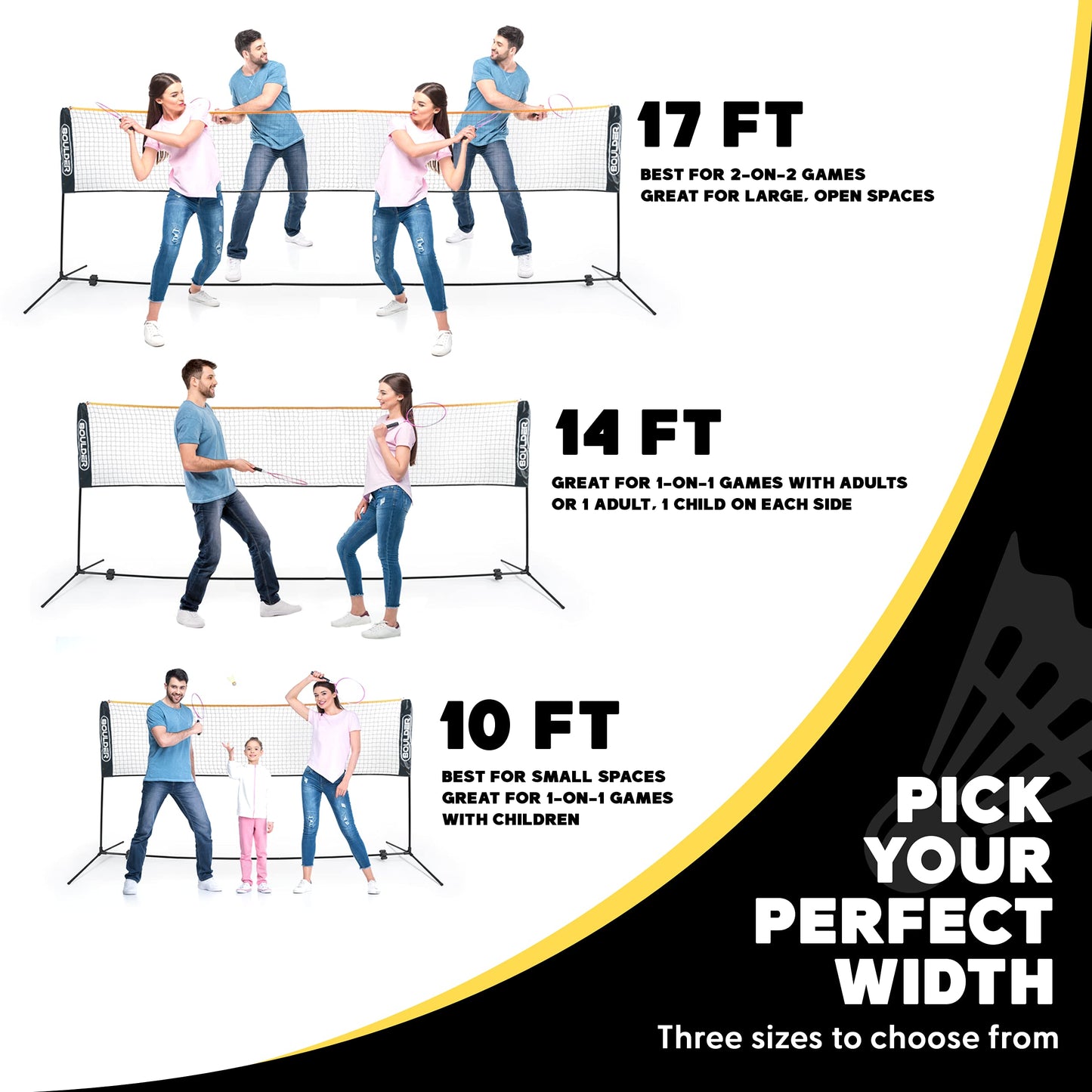 BOULDER Portable Badminton Pickleball Net - Foldable / Extendable Poles for Multiple Sports Heights (UP to 5 ft) - Ideal for Tennis, Pickleball, Soccer Tennis - Easy Setup (Black, 17 FT)
