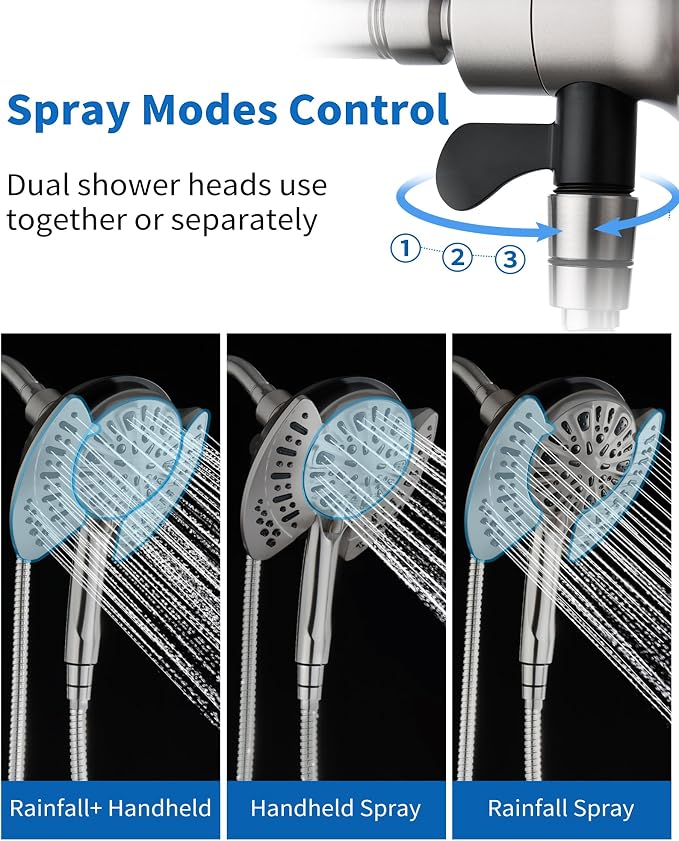 INAVAMZ Shower Head with Handheld High Pressure: Hand Held Shower Head & Rain Shower Head 2-IN-1 Shower Head with 59" Rotatable Stainless Steel Hose, Shower Trim Systems, Nickel 1.8 GPM 23233