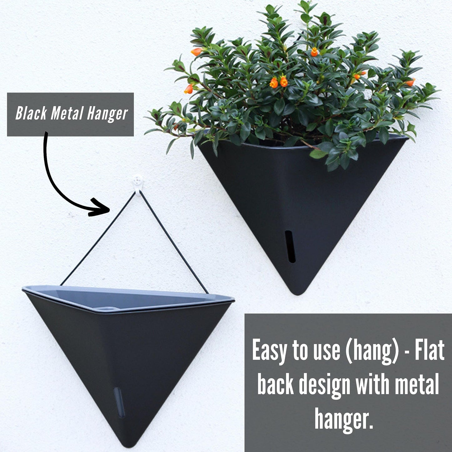 LaLaGreen Bundle - 12" x 2 Pack Black + 12" x 2 Pack White Large Self Watering Geometric Hanging Flower Vase Vessel with Metal Hanger, Modern Stylish Wall Mounted Succulent Pot Holder Decor