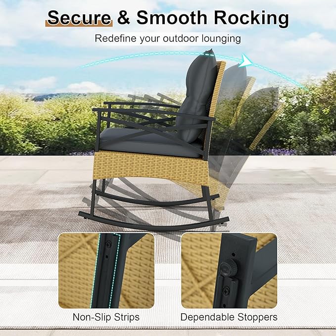 Tangkula 3 Pieces Outdoor Rocking Chairs Set, Rattan Heavy Duty Cushioned