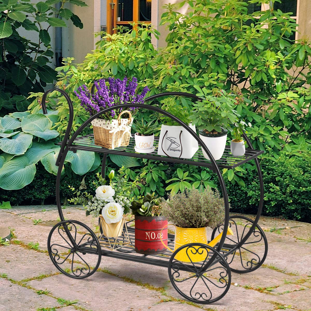 Giantex Garden Cart Metal Plant Stand with 4 Decorative Wheels, Succulent Collection Flower Pot Holder Display Shelf for Home Patio Garden Flower Shop, Parisian Style Plant Potted Rack (2-Tier)