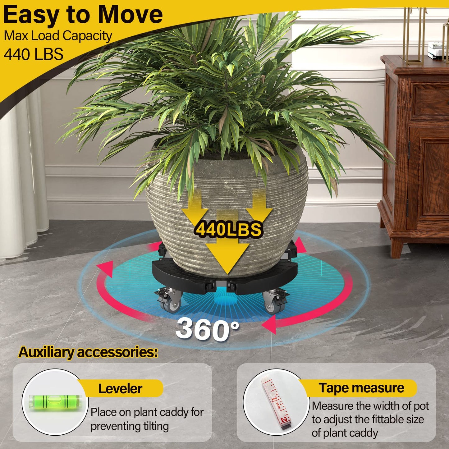 Goovilla Heavy Duty Plant Stand with Wheels, 1Pack Adjustable 15-22 Plant Caddy with Lockable Caster Wheels 440LBS, Rolling Stand/Dolly/Roller for Indoor Outdoor Large Planter, Flower Pot,Black
